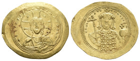 CONSTANTINE IX MONOMACHUS, 1042-1055 AD. AV, Histamenon Nomisma. Constantinople.
Obv: + IҺS XIS RЄX RЄςNANTIҺM.
Facing bust of Christ, nimbate, rais...