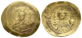 CONSTANTINE IX MONOMACHUS, 1042-1055 AD. AV, Histamenon. Constantinople.
Obv: + IҺS XIS RCX RCςNANTIҺM.
Facing bust of Christ, nimbate, raising hand...