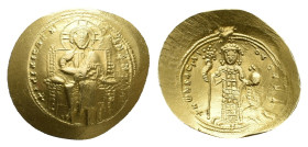 CONSTANTINE X DUCAS, 1059-1067 AD. AV, Histamenon Nomisma. Constantinople.
Obv: + IҺS XIS RЄX RЄGNANTIҺM.
Christ Pantokrator seated facing on throne...