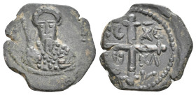 Crusaders. Antioch. TANCRED, Regent 1101-1103 & 1104-1112 AD. AE, Follis.
Obv: Facing bust, wearing turban and holding sword.
Rev: [I]C XC / [NI] KA...