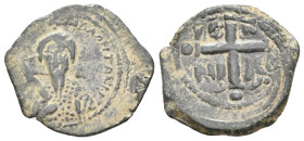Crusaders. Antioch. TANCRED, Regent 1101-1103 & 1104-1112 AD. AE, Follis.
Obv: Facing bust, wearing turban and holding sword.
Rev: IC [XC] / NI K[A]...