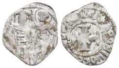 Andronikos II Palaiologos (1282–1328) Billon Tournesion (Tornese) Constantinople.
Obverse: Three-quarter figures of Andronikos II Palaiologos and mil...