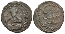 Islamic. Ayyubids. AL-NASIR I SALAH AL-DIN YUSUf (Saladin), 1169-1193 AD / 564-589 AH. AE, Dirham.
Obv: Sovereign kneeling on his left leg and holdin...