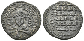 Islamic. Ayyubids. AL-'ADIL I SAYF AL-DIN AHMAD, 1193-1200 AD / 589-596 AH. AE, Dirham.
Obv: Sovereign wearing a cape and a crown. Date on the right ...