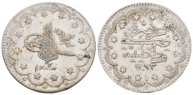 Ottoman Empire. ABDULHAMID II, 1876-1909 AD / 1293-1327 AH. AR, 5 Kurush Qustantiniya (Constantinople). 1293 AD.
Obv: Tughra and RY date.
Rev: : Leg...