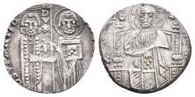Italy. Venice. GIOVANNI SORANZO, 1312-1328 AD. AR, Grosso.
Obv: IO SVPANTIO / DVX / S M VЄNЄTI.
Doge and St. Mark standing facing, holding between t...