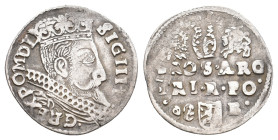 Poland. SIGISMUND III VASA, 1587-1632 AD.
Obv: SIG III D G REX PO M D L.
Crowned bust profile right.
Rev: III
GROS ARG
TRI R PO
98 B
Gum 1082....