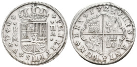 Spain. PHILIP V, 1700-1746 AD. AR, 2 Reales. Madrid.
Obv: PHILIPPUS V D G / R II.
Crowned arms. Crowned M is mint mark of Madrid.
Rev: 1723/ HISPAN...