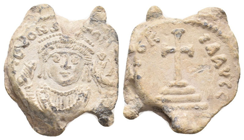 PB Byzantine seal of Tiberius II Constantine (578-582).
Obv: Crowned facing bus...