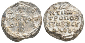 PB Byzantine seal of Leo metropolitan bishop of Syllaion (Pamphylia) (before c. 730 or after c. 787).
Obv: Standing Virgin with hands clasped before ...