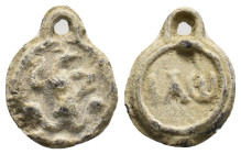 PB Asia Minor. Lead gnostic amulet (c. 2nd-4th century AD)
Obv: Abrasax facing, with the head of a rooster and snakes for legs, holding a whip in his...