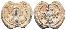 PB Byzantine monogrammatic seal (6th-7th century AD).
Obv: Bust of the Mother of God holding the Child before her. A cross on either side. Border of ...