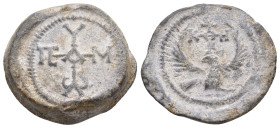 PB Byzantine seal (6th-7th century AD).
Obv: Eagle with uplifted wings and head turned to right. In field above head of eagle, cruciform invocative m...