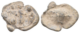 PB Byzantine seal (7th-9th century AD).
Obv: Two nimbate saints standing; to right a figure seated l.
Rev: Cone-shaped.
Condition: Fine.
Weight: 3...