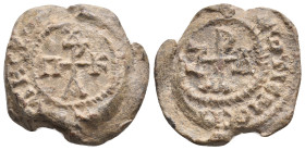 PB Byzantine seal of Azdras (?) patrikios (8th century, first half).
Obv: Cruciform monogram of four letters: Ἀζδρᾶ. Between two wreath borders, a ci...