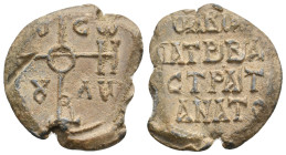 PB Byzantine seal of Olbianos patrikios, imperial protospatharios and strategos of the Anatolikoi (9th century AD).
Obv: Cruciform invocative monogra...