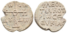 PB Byzantine seal of Leo protonotarios of Seleukeia (9th century AD).
Obv.: Cruciform invocative monogram (type V): Θεοτόκε βοήθει. In the quarters: ...
