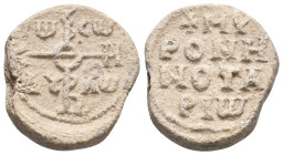 PB Byzantine seal of Myron notarios (9th century AD).
Obv: Cruciform invocative monogram (type V): Θεοτόκε βοήθει. in the quarters: τῷ σῷ δούλῳ. Wrea...
