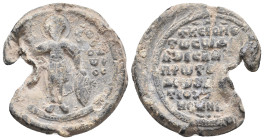 PB Byzantine seal of Isaakios Komnenos, protoproedros and doux of Antioch (1074-1078).
Obv: St Theodore standing, holding a spear and shield. Inscrip...