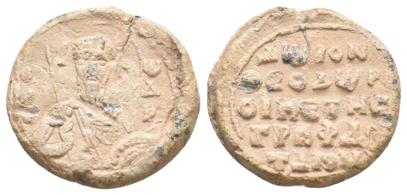 PB Byzantine metrical seal of Theodoros (10th-11th ceentury AD).
Obv: Bust of S...