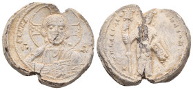 PB Byzantine seal of Constantine X Doukas (1059-1067).
Obv: Half-length representation of Christ Emmanuel, bearded, wearing a tunic and himation and ...