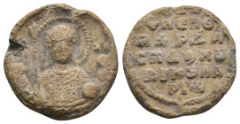 PB Byzantine seal of Bardas spatharios and koubikoularios (10th-11th century AD).
Obv: Bust of St Michael holding the globus and sceptre. Inscription...