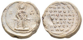 PB Byzantine seal of Samuel Alousianos, proedros and doux (11th century, second half).
Obv: The Mother of God, seated on a backless throne, holding t...