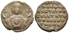 PB Byzantine seal of Symeon Ouranos, protovestarches and judge of Opsikion (11th century AD).
Obv: Bust of the Mother of God orans, the medallion of ...