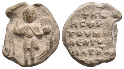 PB Byzantine seal of Constantine (11th century AD).
Obv: St. Michael standing, holding the globus cruciger and sceptre. Inscription obscure. Border o...