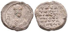 PB Byzantine seal of Christophoros protospatharios and strategos of Melitene (11th century AD).
Obv: Bust of St Nicholas holding the Gospel and offer...