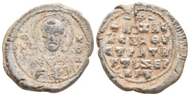 PB Byzantine seal of Nixas protospatharios and strategos of Serbia (11th century AD)
Obv: Bust of St Nicholas holding the Gospel and offering a bless...
