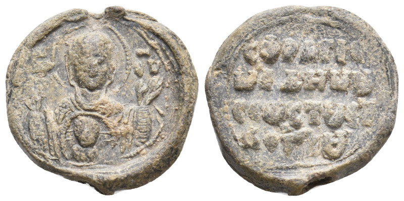 PB Byzantine metrical seal (11th-12th century AD).
Obv: Bust of the Mother of G...