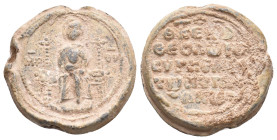 PB Byzantine seal of Theodoros synkellos (11th-12th century AD).
Obv.: The Mother of God seated on a throne, holding the medallion of Christ before h...