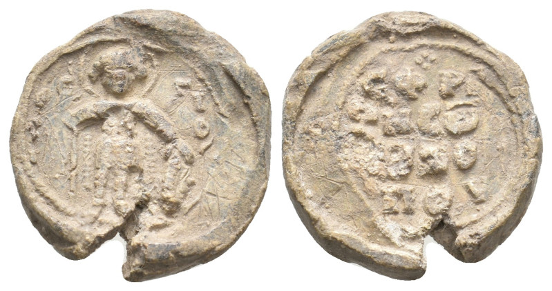 PB Byzantine metrical seal (11th-12th century AD).
Obv: St George standing, hol...