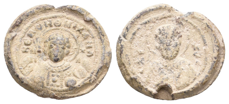 PB Byzantine seal of Michael (11th century AD).
Obv.: Bust of the Archangel Mic...