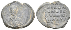PB Byzantine seal of Sympatikios (11th century AD).
Obv: Bust of St Nicholas holding the book and offering a blessing. Inscription on either side: ὁ ...