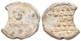 PB Byzantine seal of Gregorios, spatharokandidatos and logariastes (11th century AD).
Obv: Bust of St Theodore holding a spear and shield. Traces of ...