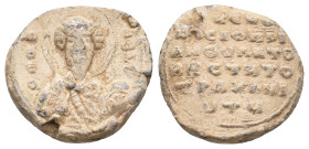 PB Byzantine seal of N. Tarchaneiotes patrikios, anthypatos and vestes (c. 11th-12th century AD).
Obv: Bust of St Theodore holding a spear and shield...