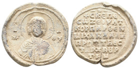 PB Byzantine seal of Michael Bourtzes vestarches (11th (2nd half)-12th AD).
Obv: Bust of the Mother of God orans. Inscription on either side: Μ(ήτη)ρ...