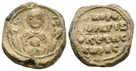 PB Byzantine metrical seal (11th-12th century AD).
Obv: Bust of the Mother of God orans, the medallion of Christ before her. Sigla at right and left:...