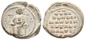 PB Byzantine seal (11th-12th century AD).
Obv.: The Mother of God seated on a throne, holding the medallion of Christ before her. Sigla: Μή(τη)ρ Θ(εο...