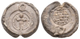 PB Byzantine seal (c. 11th-12th century AD).
Obv: The Archangel Michael standing, holding the sceptre in his right hand and the globus cruciger in hi...