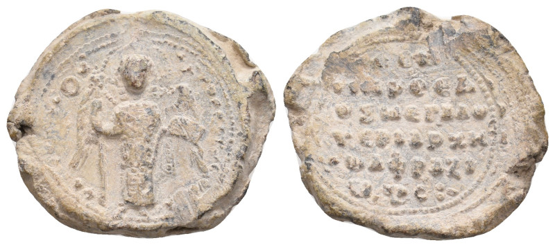 PB Byzantine seal of Leon proedros and ? (c. 11th-12th century AD).
Obv: The Ar...