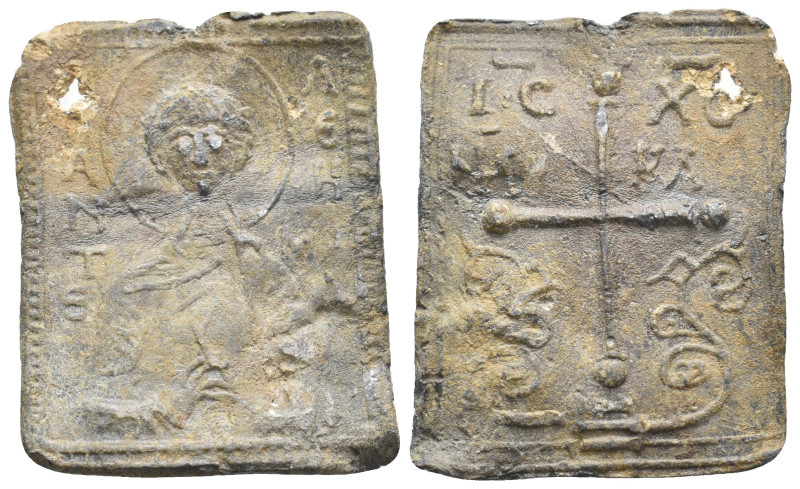 PB Byzantine anonymous plaque. (13th-14th century AD).
Obv: Half-length bust of...