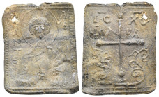 PB Byzantine anonymous plaque. (13th-14th century AD).
Obv: Half-length bust of Saint Panteleimon wearing nimbus and holding medical instruments; sig...