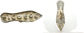 AE Romano-Byzantine bread stamp (c. 4th-6th century AD).
Shoe-shaped stamp bearing the Greek inscription in relief: εἷς θεός, One God, with a ring ha...