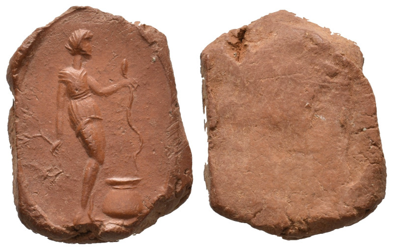 Graeco-Roman clay seal impression (1st-3rd century AD).
Obv: Hygieia standing, ...