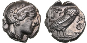Attica, Athens AR Tetradrachm circa 454-404 BC
16.96g. 25mm. AU/AU. Beautiful lustrous specimen. Obv. Athena. / Rev. AΘE, Owl, olive spray, moon. HGC ...