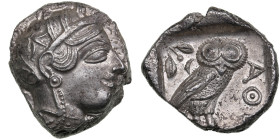 Attica, Athens AR Tetradrachm circa 454-404 BC
17.13g. 25mm. UNC/AU. Beautiful lustrous near mint state specimen. Obv. Athena. / Rev. AΘE, Owl, olive ...