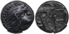 Cimmerian Bosporus, Panticapaeum (Pantikapaion) Æ Circa 310-304/3 BC.
1.68g. 12mm. VF/VF. obv. Head of berdless satyr right. / rev. Box in case. MacDo...